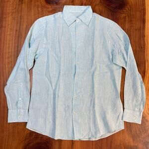 Robert Talbott Shirt Mens Large Button Solid 100% Linen Dress Light blue E3-14